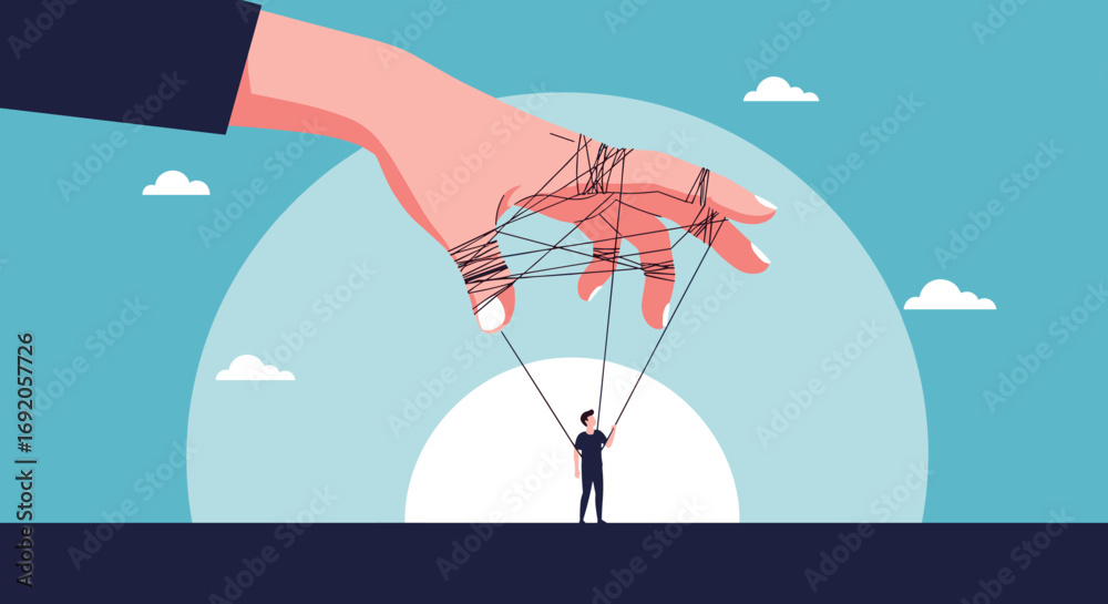 Fototapeta premium Puppet master controls tiny person with strings in surreal sky