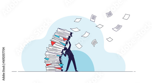 Overwhelmed businessman struggling under massive stack of papers, feeling buried by workload and stress