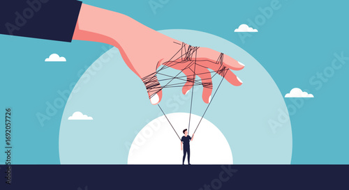 Puppet master controls tiny person with strings in surreal sky