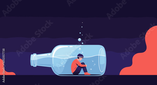 Isolated person feeling trapped and overwhelmed inside a glass bottle filled with water