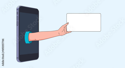Arm reaching from smartphone offers blank card for your message and ideas