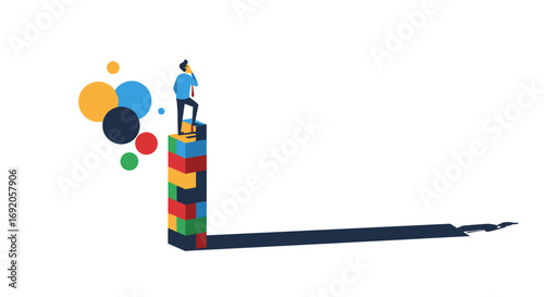 Visionary businessman contemplates future success atop colorful building blocks, casting a long shadow