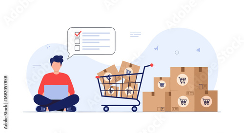 Man manages online orders with laptop while shopping cart overflows with packages