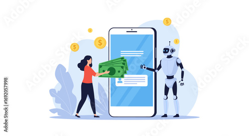 Woman pays robot via smartphone for modern financial transactions and automated services