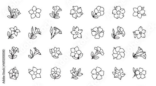 Collection of abstract floral cluster silhouettes in a grid pattern silhouette