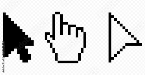 Computer mouse cursor icons. Cursors containing pointer, arrow and hand symbol with pixelated form. Transparent vector illustration.