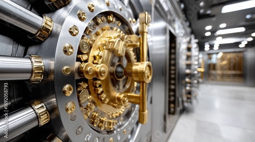 Close-up view of secure bank vault door with gold mechanism in high-security financial institution