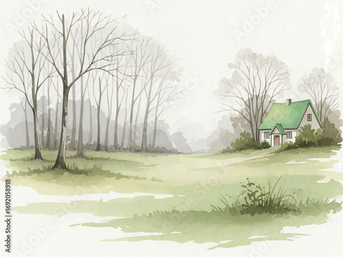 Watercolor Countryside Landscape with Trees, Field, and Cottage – Minimalist Rural Nature Illustration