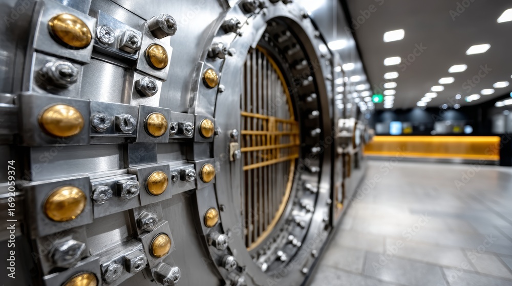 Obraz premium Open steel bank vault in secure financial corridor with lighting and protective systems