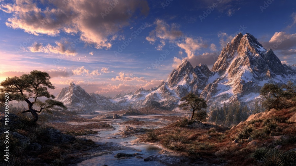 Obraz premium Majestic mountain view with dramatic sky at sunrise. Neural network AI generated