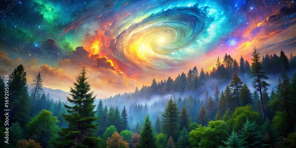 Fototapeta premium Surreal Double Exposure: Dreamlike Forest and Celestial Sky