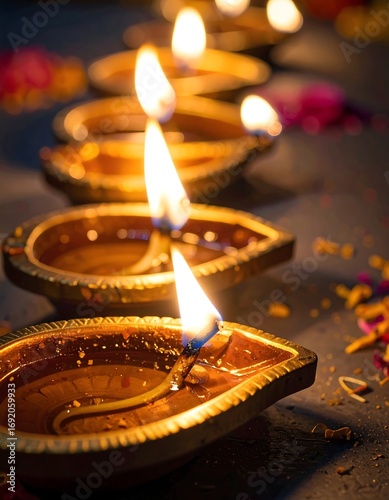 Row of glowing oil lamps