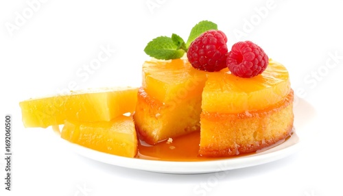 Pineapple cake slice with syrup and raspberries