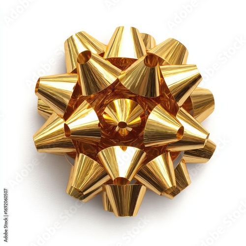 Gold metallic gift bow, starburst shape, on white background