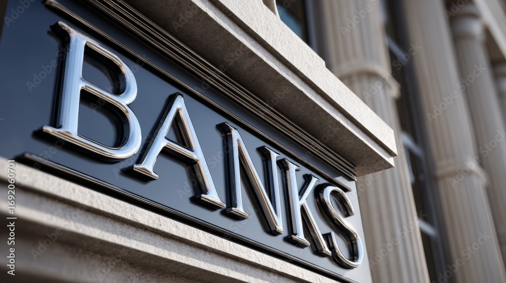 Obraz premium Classical stone bank building exterior with detailed signage and traditional architectural elements outside