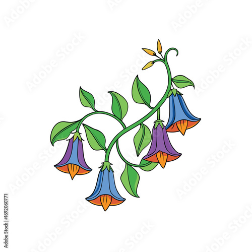 Delicate bell shaped flowers adorning a twisting vine on a clean white background