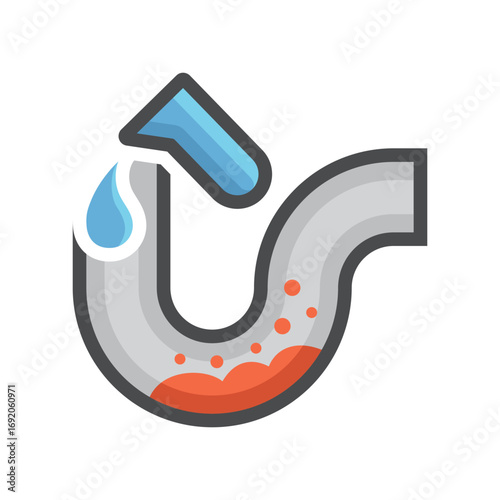 Vector icon of solution to unclog household plumbing and drainage system issues. To use chemical cleaner to dissolve waste in trap or backup pipes. Ideal for sanitation maintenance, home repair.