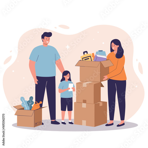 Family unpacking boxes together in a cheerful living room  