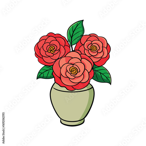 Beautiful camellia flowers artfully arranged in a classic ceramic vase on a clean white background