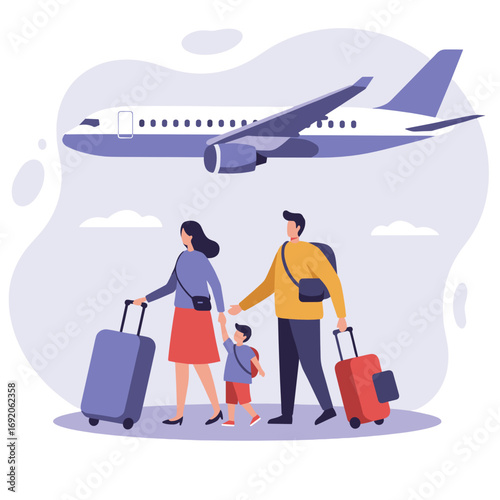 Family traveling with suitcases while an airplane flies overhead  