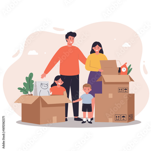 Family unpacking boxes together in a modern living room  
