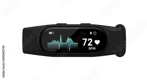 Close-up of a black fitness tracker displaying heart rate data, showing the pulse.