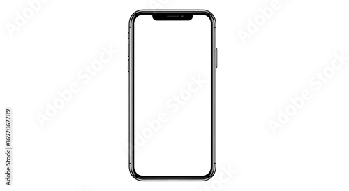 Front view of a modern smartphone with a blank white screen, isolated on a white background.