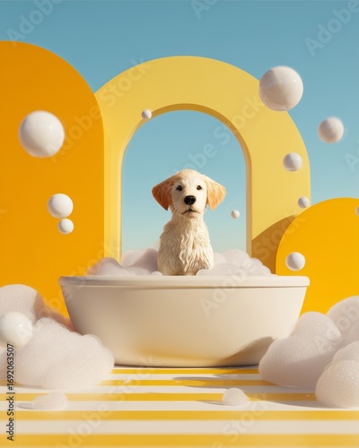Pampered Pooch in a Bubbling Bath: A delightful golden retriever enjoys a relaxing bath, surrounded by playful bubbles and whimsical shapes, embodying the essence of canine contentment.