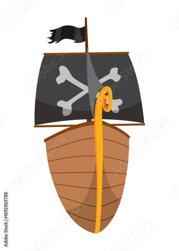Stylized cartoon pirate ship illustration with black sails. Cute vector icon. Pirate Ship sailing on water