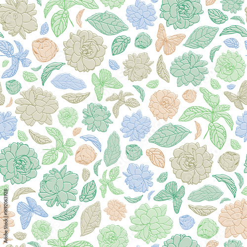 Vector Jasminum sambac or Arabian Jasmine flower line art with pastel silhouettes seamless repeat pattern with white background. Suitable for wallpaper, giftwrap and textile.