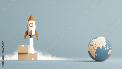 A rocket blasting off from a stack of boxes next to a globe, representing global shipping and new ventures.