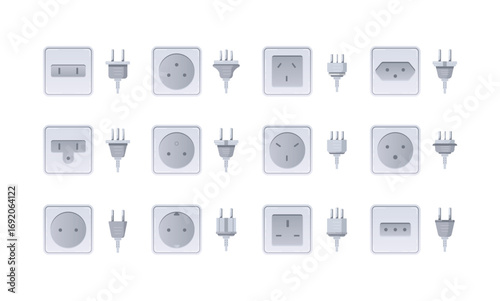 Electric power sockets with different types of plug cord. Vector isolated type C and A, B and L, usb standard ports for devices charging and appliances, electronic equipment connectors