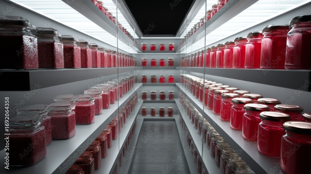 Fototapeta premium Industrial warehouse shelves with rows of red jars organized in modern storage