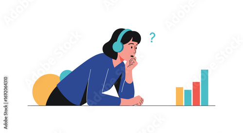 Confused person listening to music analyzing upward trending data and charts with a question mark above their head