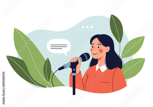 A young woman delivers a powerful speech with a microphone in a lush green setting