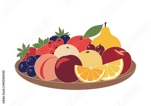A vibrant assortment of fresh ripe fruits and berries on a wooden platter