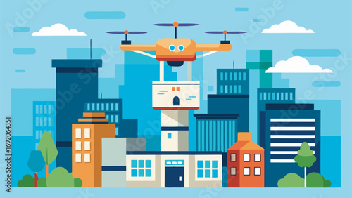 Flat vector illustration of a smart city with a flying drone lifting a house among modern urban skyscrapers