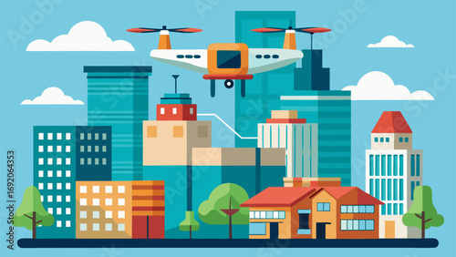 Flat vector illustration of a smart city skyline with delivery drone flying over modern urban buildings