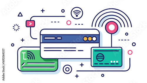 Flat vector illustration of digital credit cards and wireless payment system with modern finance icons
