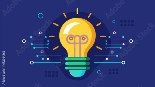 Flat vector illustration of a glowing light bulb symbolizing innovation, ideas and technology on dark background