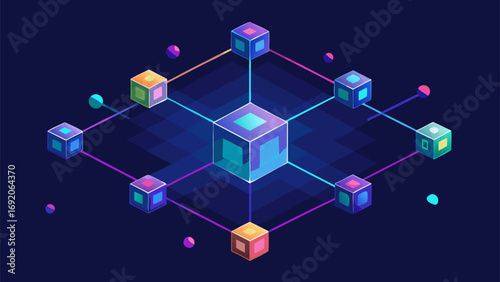 Colorful 3d illustration of blockchain network with interconnected cubes on dark background