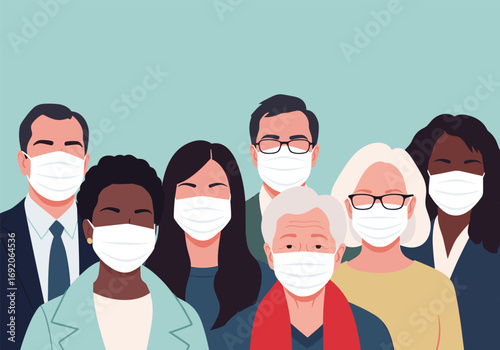 Diverse group of people wearing face masks to protect against virus