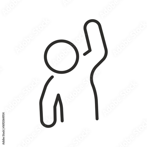 participating person, hand up human icon, raising hand, linear vector illustration