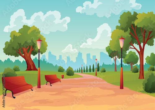 Entrance to city park with green trees and street lamps and skyscrapers on background. Vector urban garden, summer or spring scenery. Flat cartoon style illustration