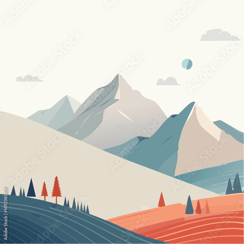 A serene and minimalist illustration of a mountainous landscape with rolling hills and stylized trees under a soft, muted sky, evoking tranquility and natural beauty