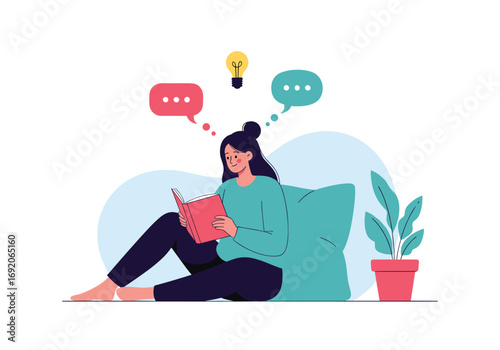 Woman reading book and having ideas and conversations while relaxing indoors