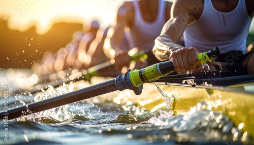 Rowers in action at sunset