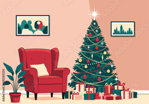 Cozy living room decorated for christmas with a tall tree presents and comfy armchair