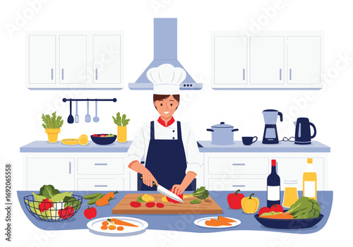 Skilled chef expertly prepares fresh ingredients in a modern kitchen environment for culinary creation