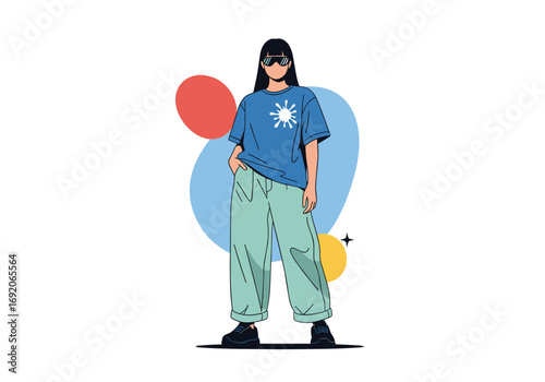 Modern woman standing confidently with geometric shapes in the background abstract art style